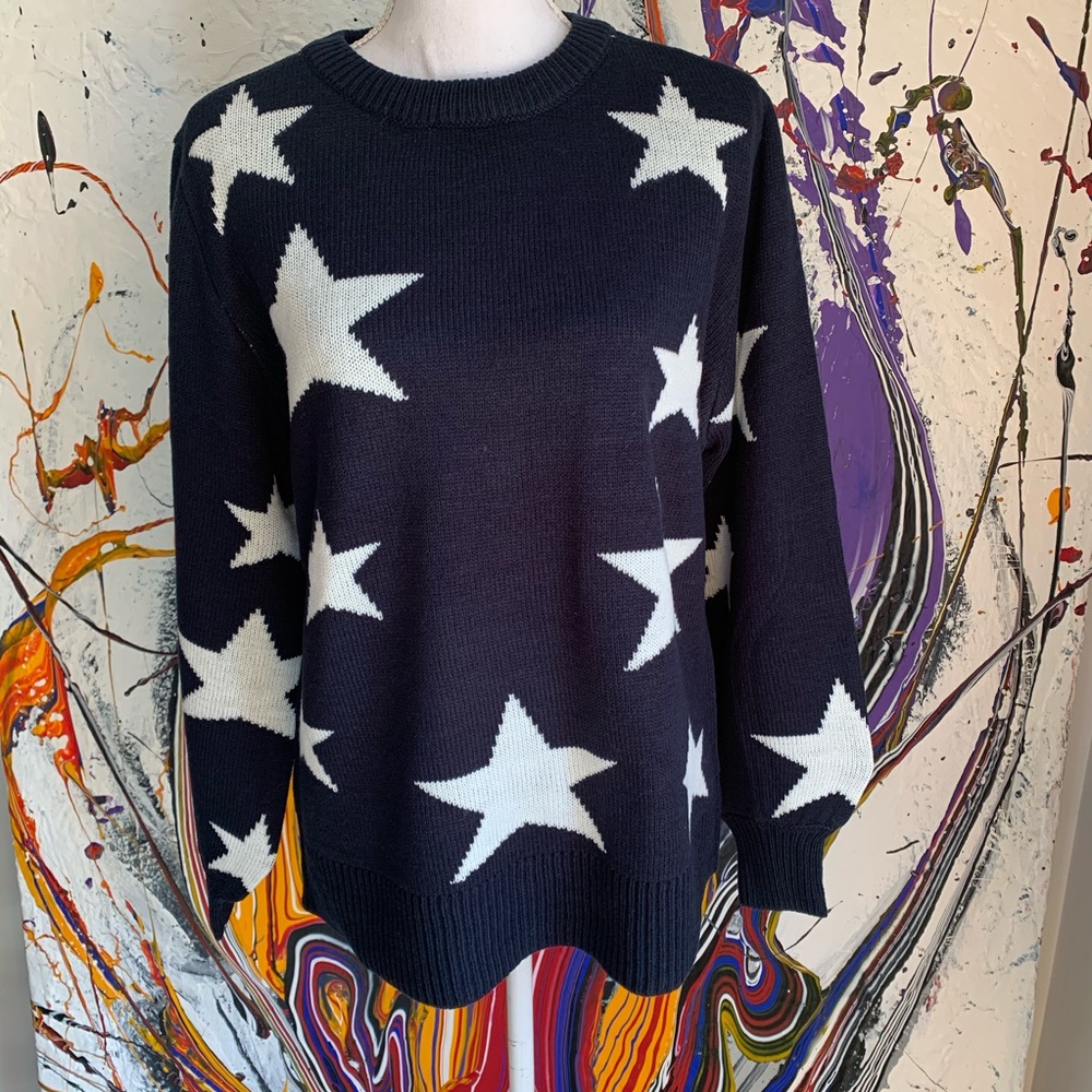 Zenana star sweater crew neck blue and white